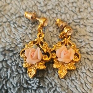 Gold Tone Vintage Pink Porcelain Floral Rose Drop Earrings, Mother's Day